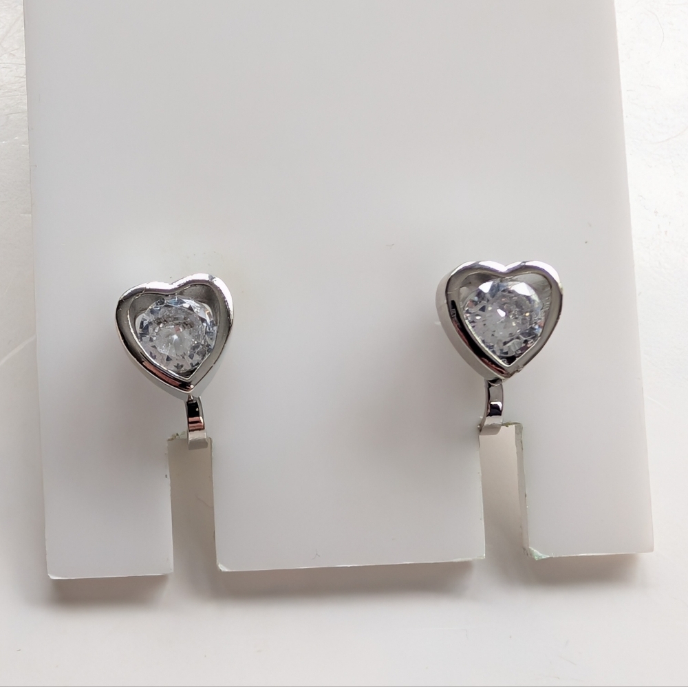 Vintage Silver Tone CZ Rhinestone Heart Dainty Feminine Love Clip On Earrings